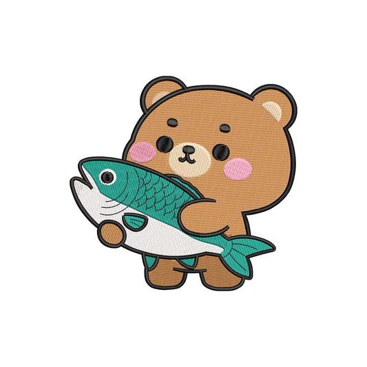 Bear catching fish embroidery designs for machine - 01042405