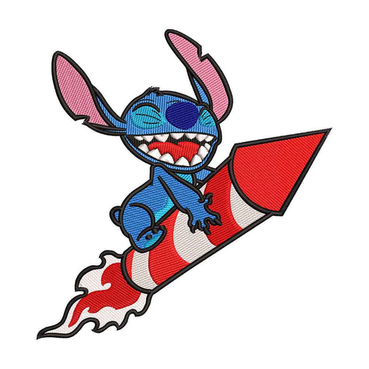 Blue Alien Pet Riding a Rocket Embroidery Design - 010501