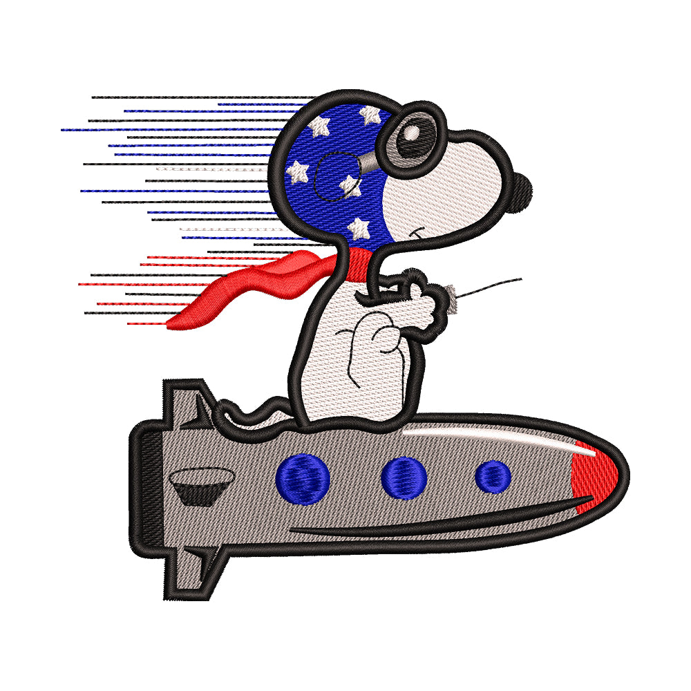 Snoopy Flying Ace on Rocket Embroidery Design - 010508