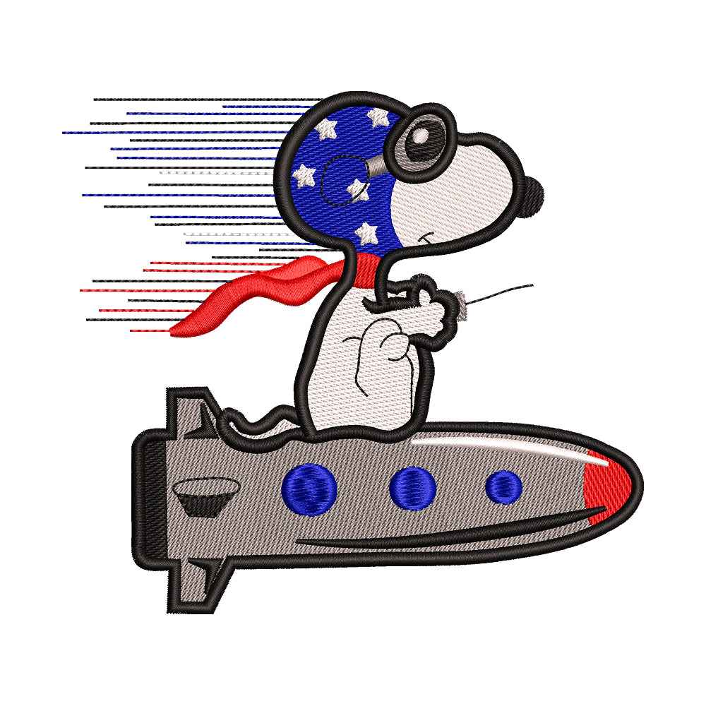 Cute Beagle Dog Flying Ace on Rocket Embroidery Design - 010508
