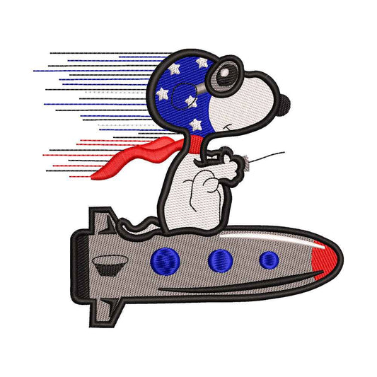 Cute Beagle Dog Flying Ace on Rocket Embroidery Design - 010508