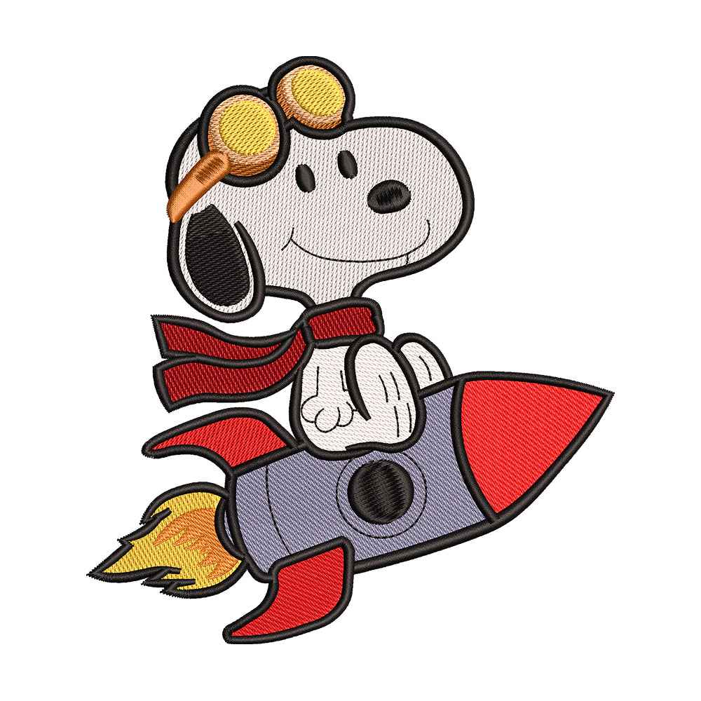 Cute Beagle Dog Flying Ace on Toy Rocket Embroidery Design - 010509