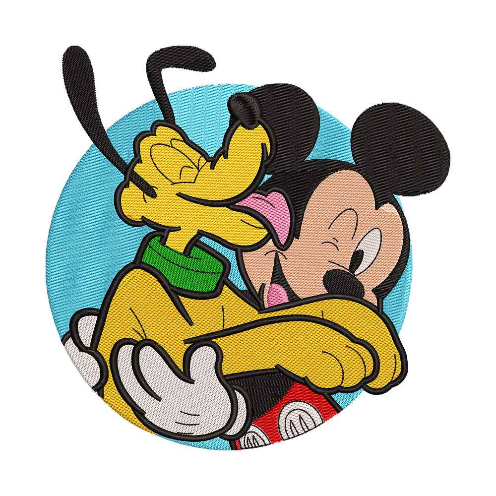 Classic Cartoon Mouse and Pet Dog Hugging Embroidery Design - 010514