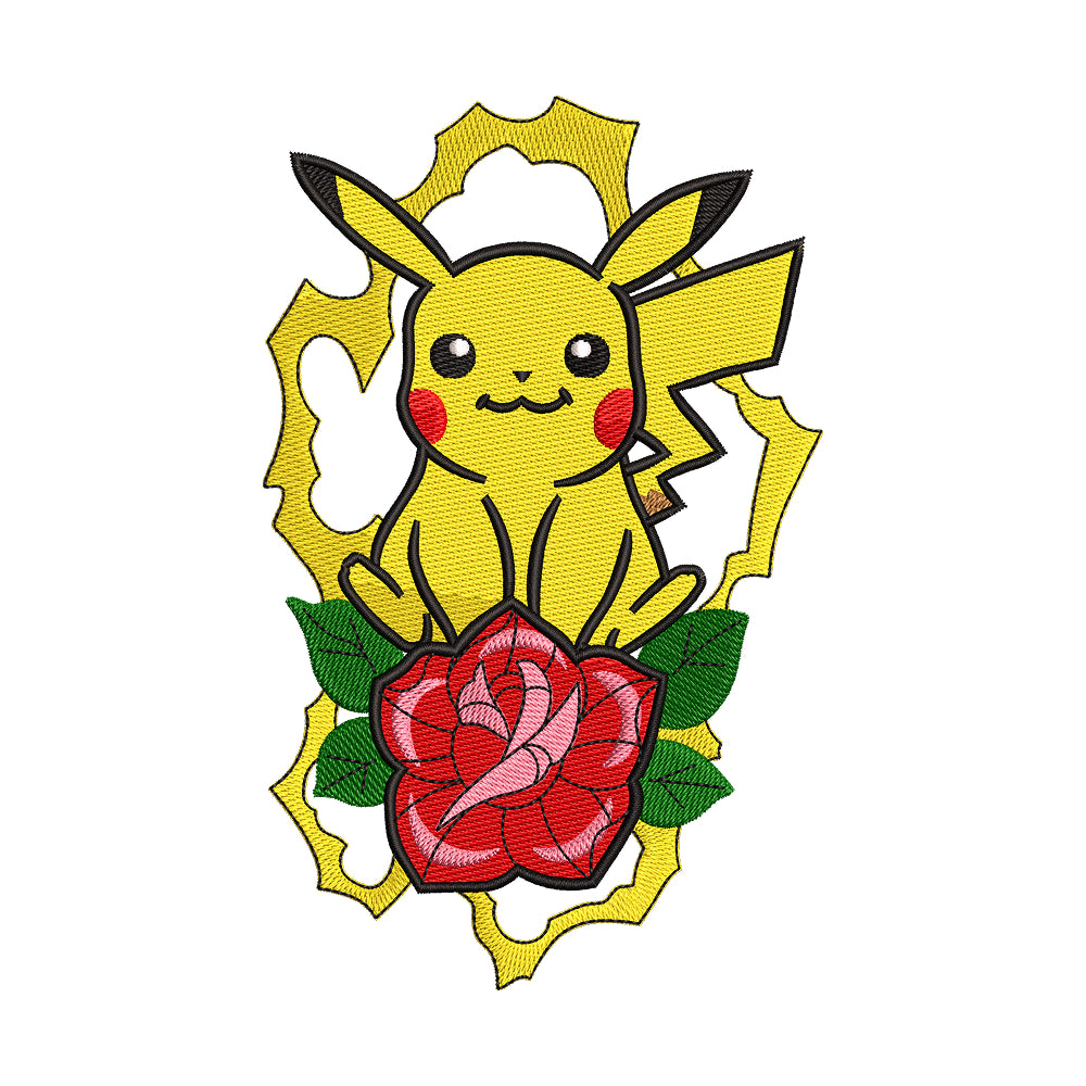 Tattoo Style Pikachu with Rose Embroidery Design - 010529