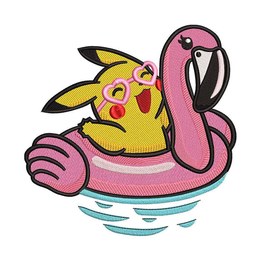 Yellow Electric Monster in Flamingo Pool Float Embroidery Design - 010531