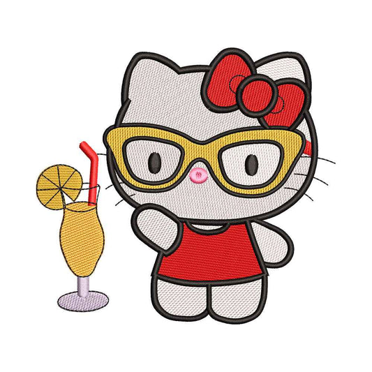 Cute White Cat with Tropical Drink Embroidery Design - 010549
