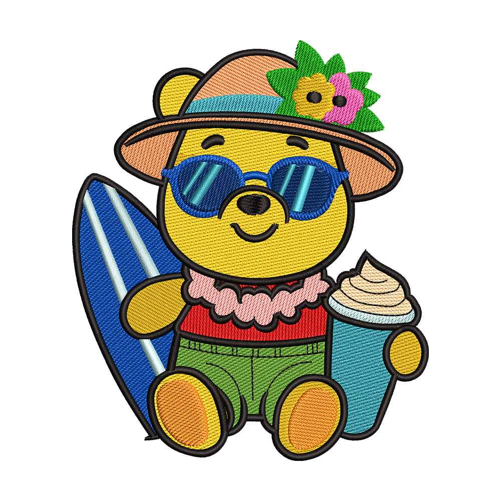 Beach Day Cute Yellow Bear Embroidery Design - 010550