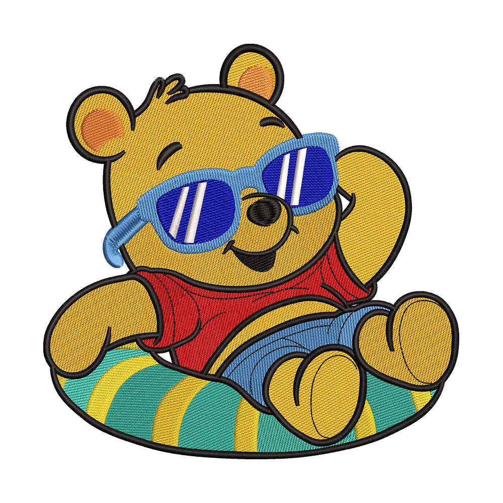 Relaxing Cute Yellow Bear in Pool Float Embroidery Design - 010561