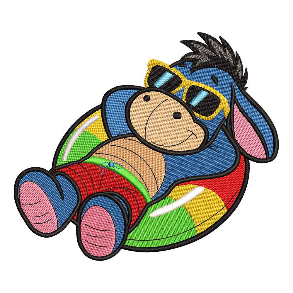 Relaxing Gloomy Donkey in Pool Float Embroidery Design - 010562