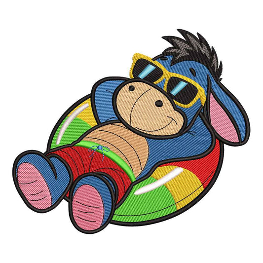 Relaxing Gloomy Donkey in Pool Float Embroidery Design - 010562