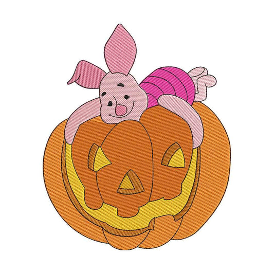 Tiny Pink Pig on a Pumpkin Embroidery Design - 010568