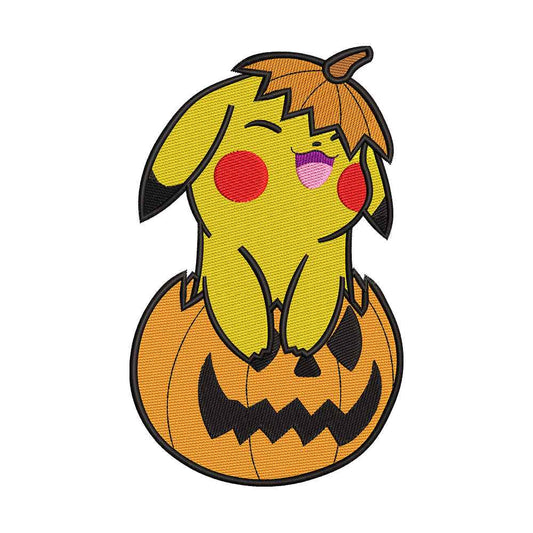 Yellow Electric Monster in a Pumpkin Embroidery Design - 010570