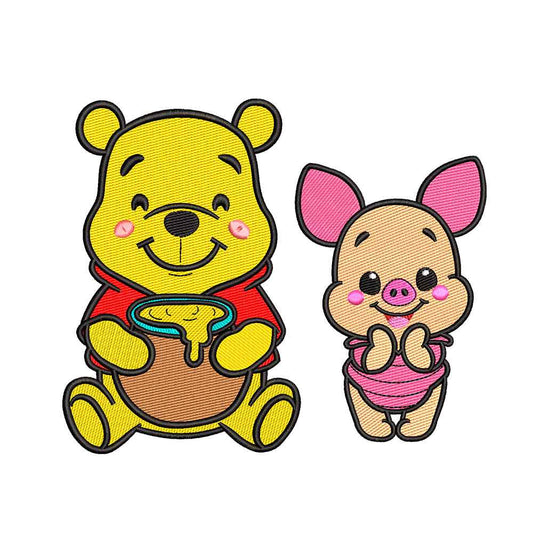 Cute Yellow Bear and Tiny Pink Pig embroidery designs for machine - 011026
