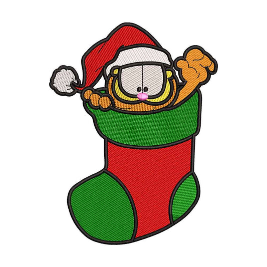 Orange Lasagna Cat in Christmas Stocking Embroidery Design - 02060113