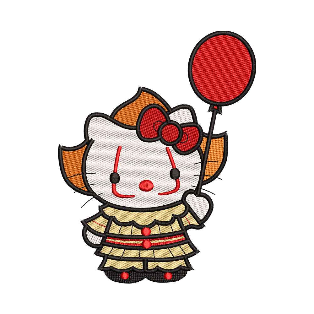 Cute White Cat as Creepy Clown Embroidery Design - 02060115