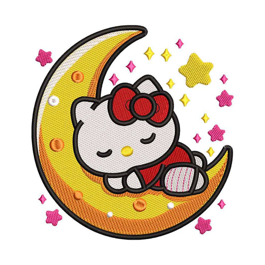Cute White Cat Sleeping on the Moon Embroidery Design - 02060144