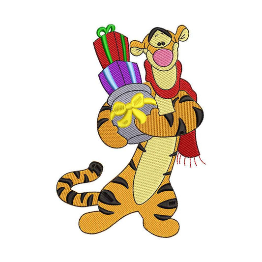 Christmas Bouncing Orange Tiger with Gifts Embroidery Design - 02060194