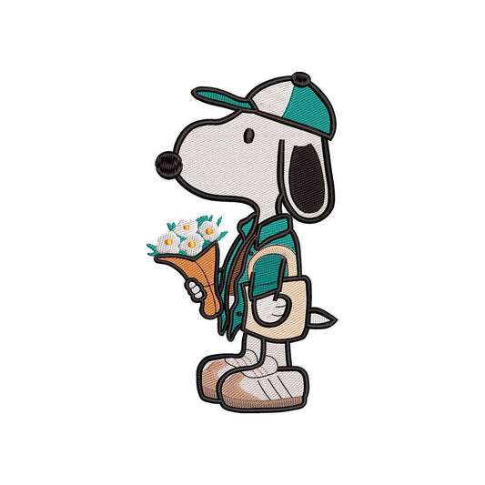 Cute Beagle Dog with flowers embroidery designs - 021238