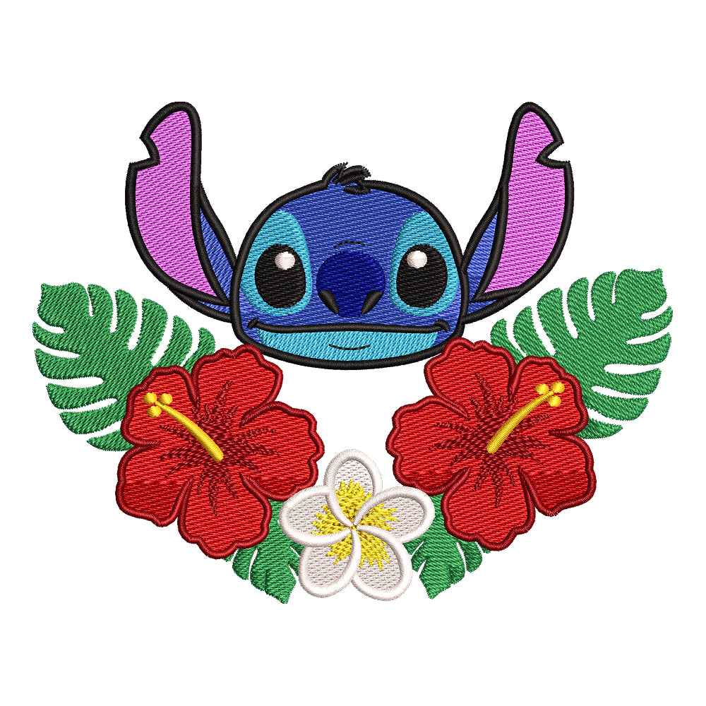 Blue Alien Pet with Tropical Flowers Embroidery Design - 190403
