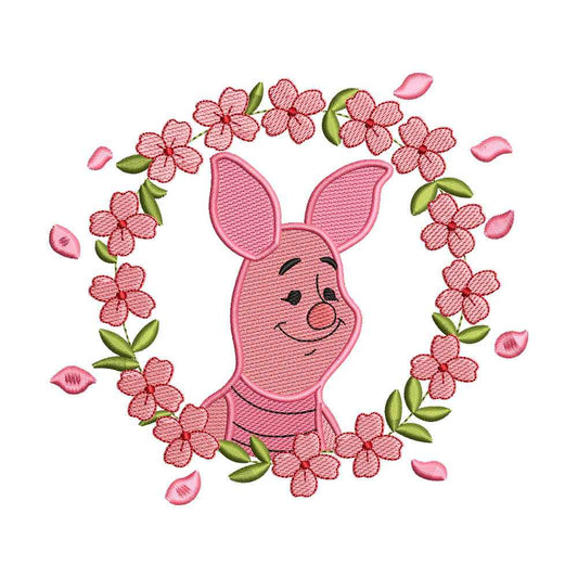 Tiny Pink Pig in Cherry Blossom Wreath Embroidery Design - 190408