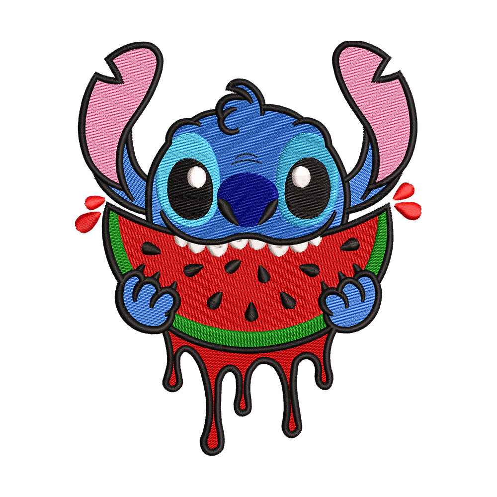 Blue Alien Pet Eating Watermelon Embroidery Design - 190415