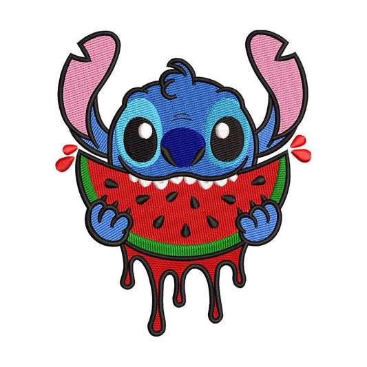 Blue Alien Pet Eating Watermelon Embroidery Design - 190415