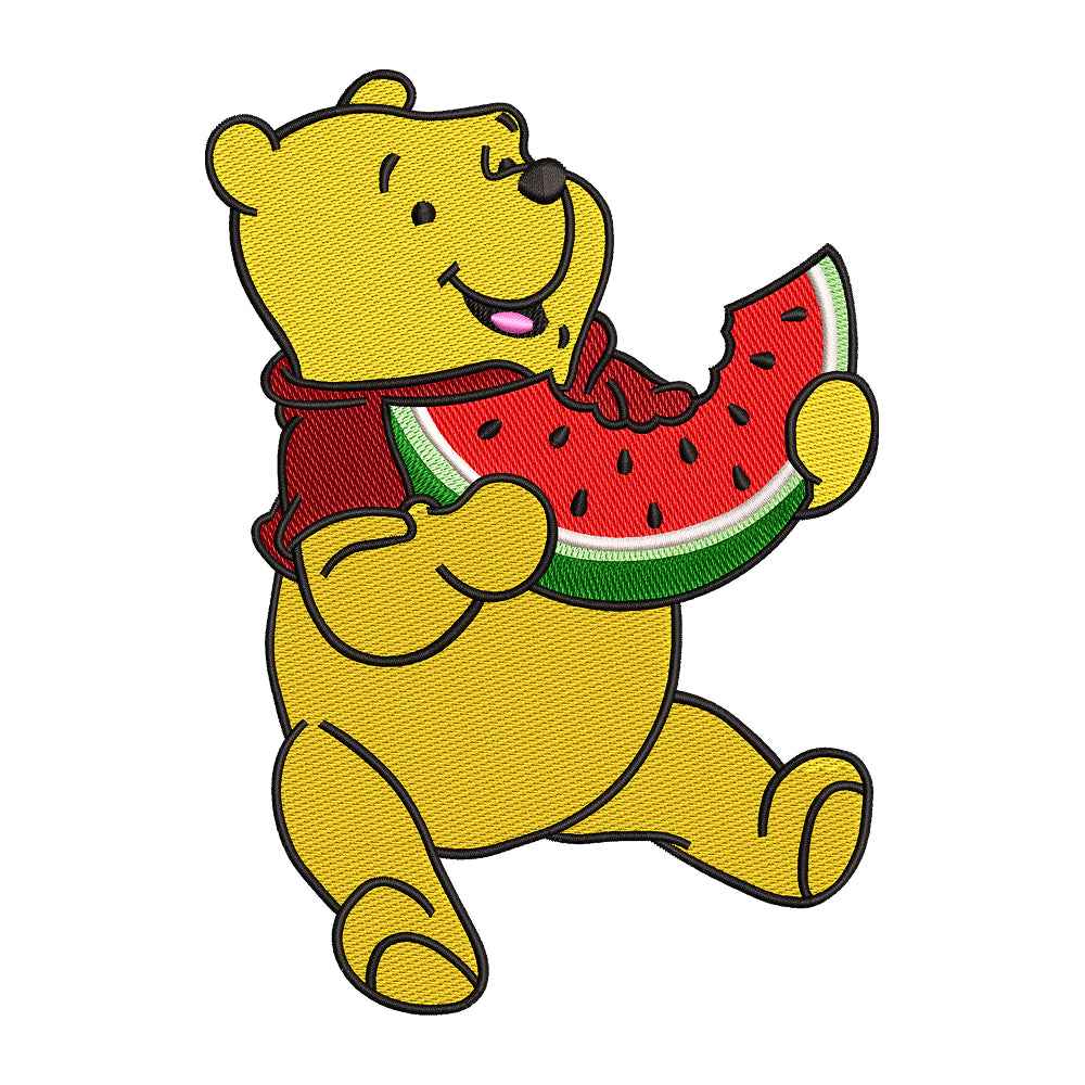 Cute Yellow Bear Eating Watermelon Embroidery Design - 190420