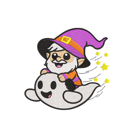 Machine embroidery designs Halloween gnome flying on the ghost - 20042401