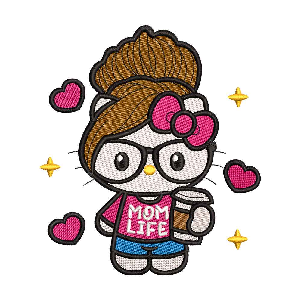 Cute White Cat Mom Life Embroidery Design - 310309