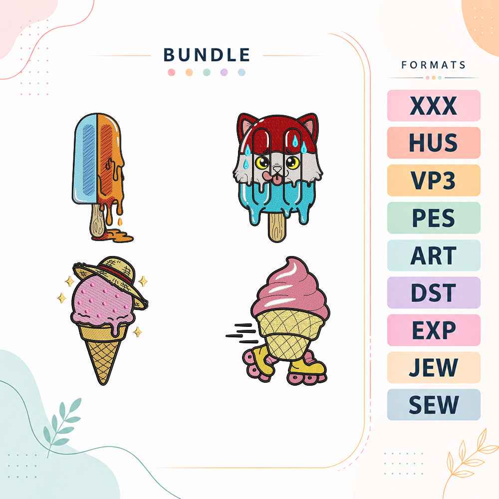 Cute Ice Cream Embroidery Bundle Kawaii Popsicle Dessert