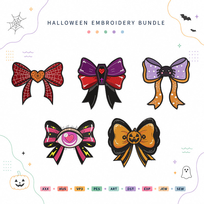 Halloween Bow Embroidery Bundle Spooky Coquette Pumpkin Bow Files - BSG0000024