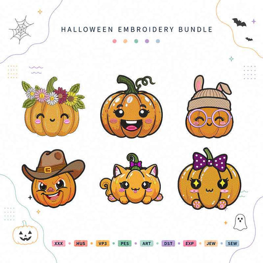 Cute Pumpkin Characters Halloween Embroidery Bundle Kawaii Pumpkin Files - BSG0000029