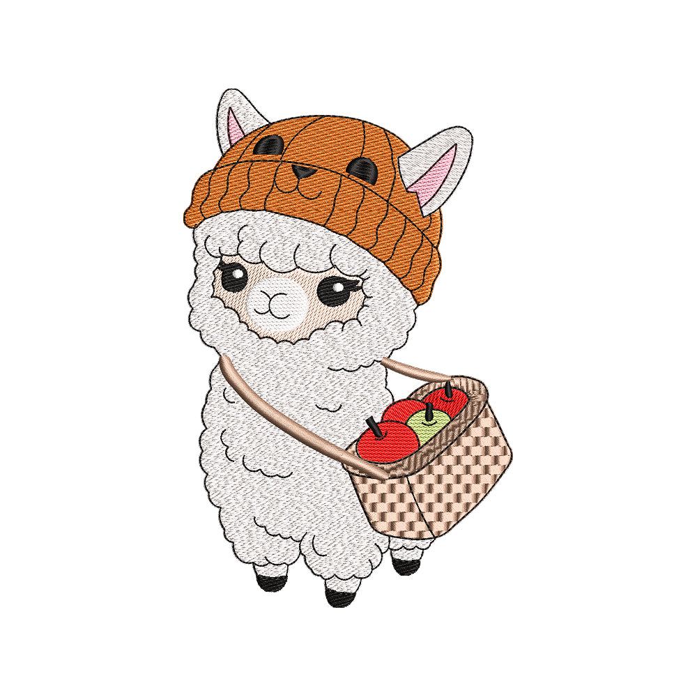 Cute Autumn Llama Apple Basket Embroidery Design for Fall Shirts & Decor - SG2007011