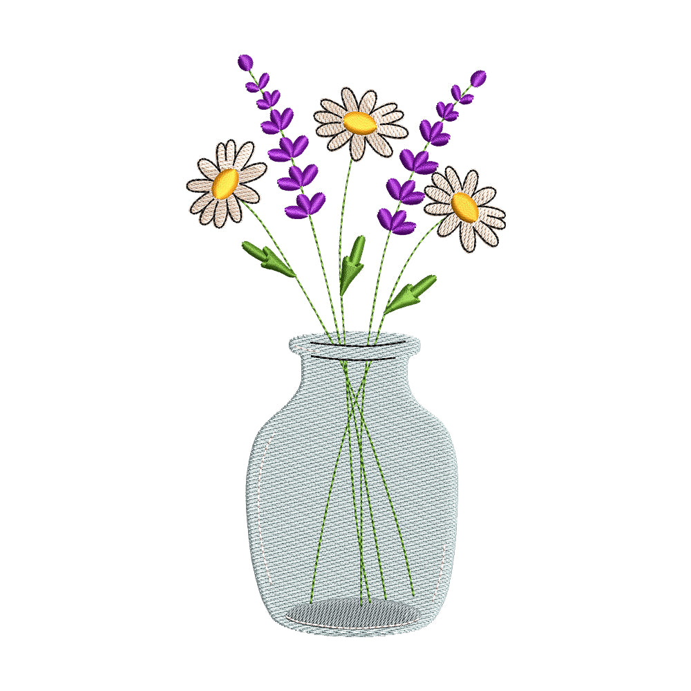 Daisies and Lavender in a Vase Embroidery Design - SG010608