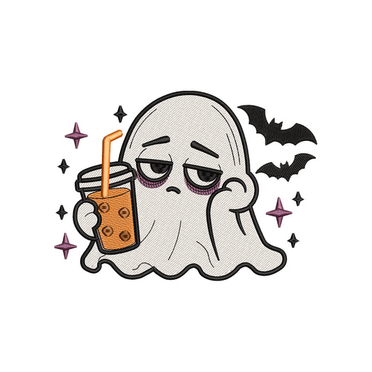 Tired Ghost Coffee Embroidery Design Cute Halloween Ghost - SG03062607