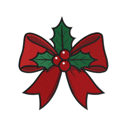 Classic Christmas Red Ribbon Bow With Holly Machine Embroidery Design File - SG08092605