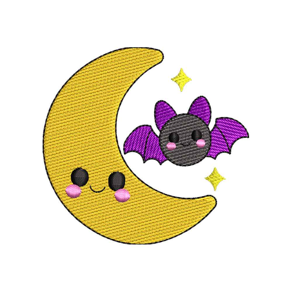 Mini Halloween Moon & Bat Embroidery Design | Cute Kawaii Crescent Moon and Bat Machine Embroidery Pattern - SG11072607