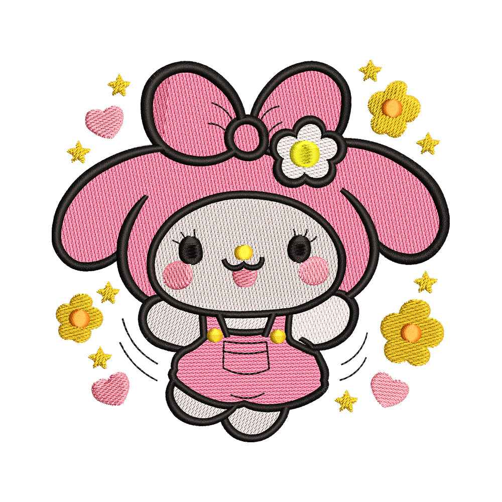 Sweet Pink Rabbit with Flowers and Stars Embroidery Design - SG130507