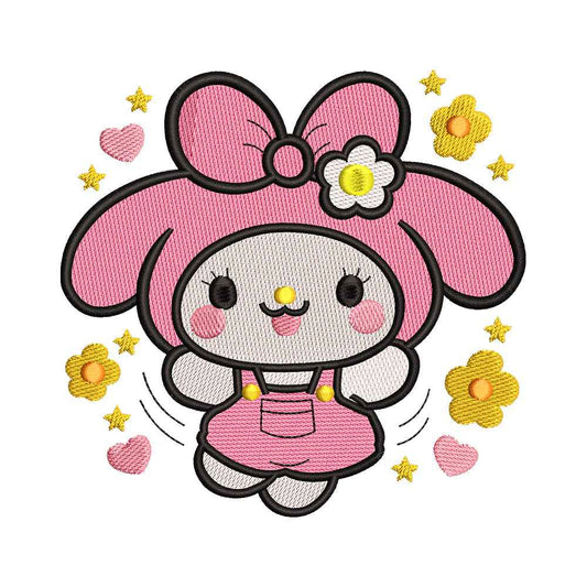 Sweet Pink Rabbit with Flowers and Stars Embroidery Design - SG130507