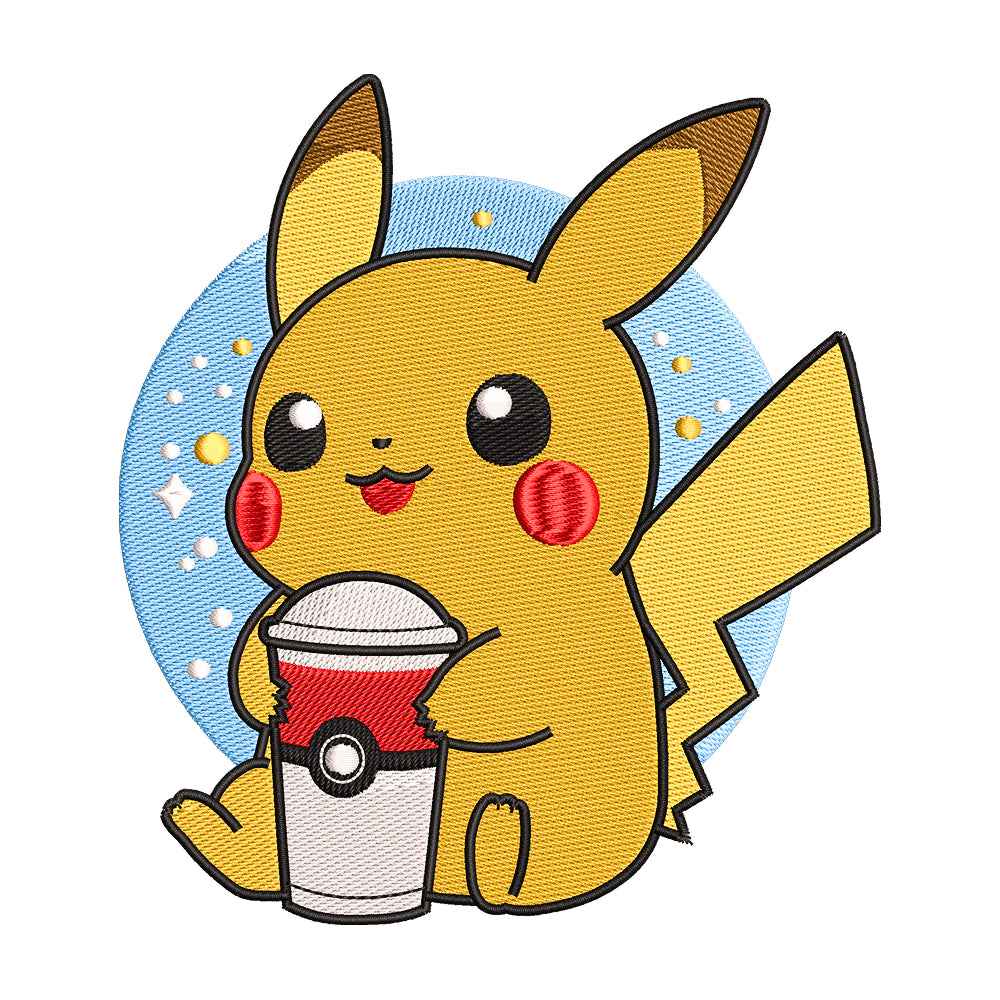 Yellow Electric Monster with Monster Catching Ball Drink Embroidery Design - SG130538