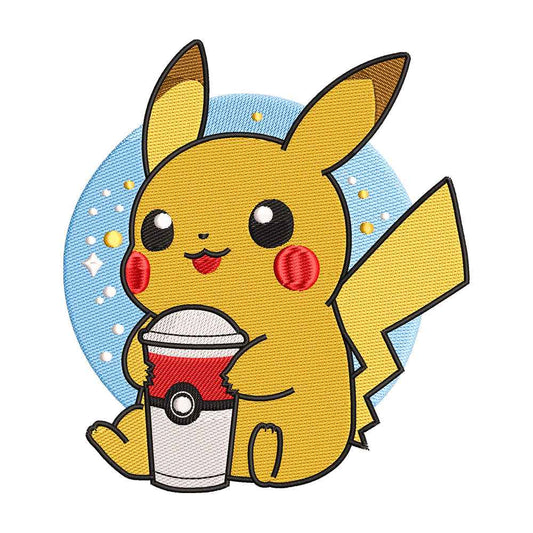 Yellow Electric Monster with Monster Catching Ball Drink Embroidery Design - SG130538
