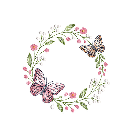 Ripple Butterfly Floral Wreath Embroidery Design For Machine