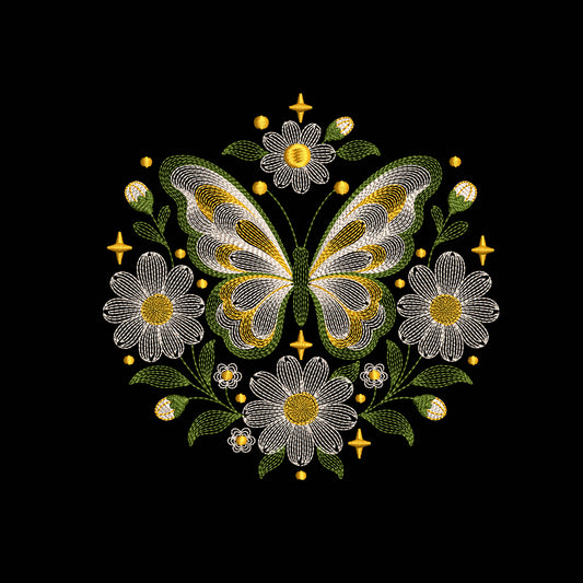 Ripple Butterfly with Daisies Embroidery Designs For Machine