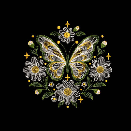 Ripple Butterfly with Daisies Embroidery Designs For Machine