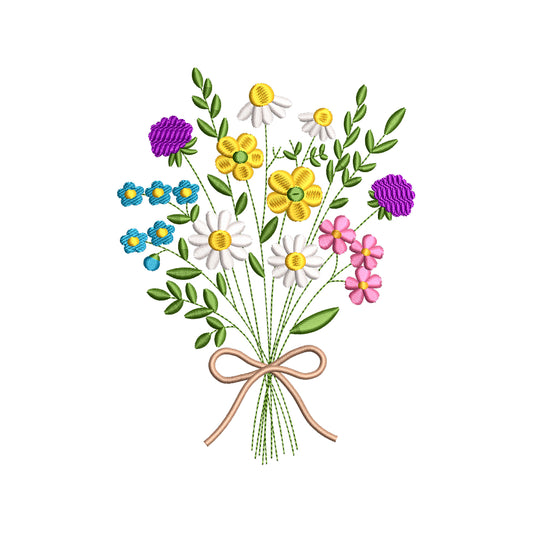 Colorful Wildflower Bouquet Embroidery Design Summer Floral Bunch with Bow - SG17042603