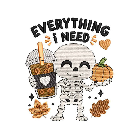 Halloween Skeleton Coffee Embroidery Design | Everything I Need Pumpkin Coffee Machine Embroidery Pattern - SG17062614