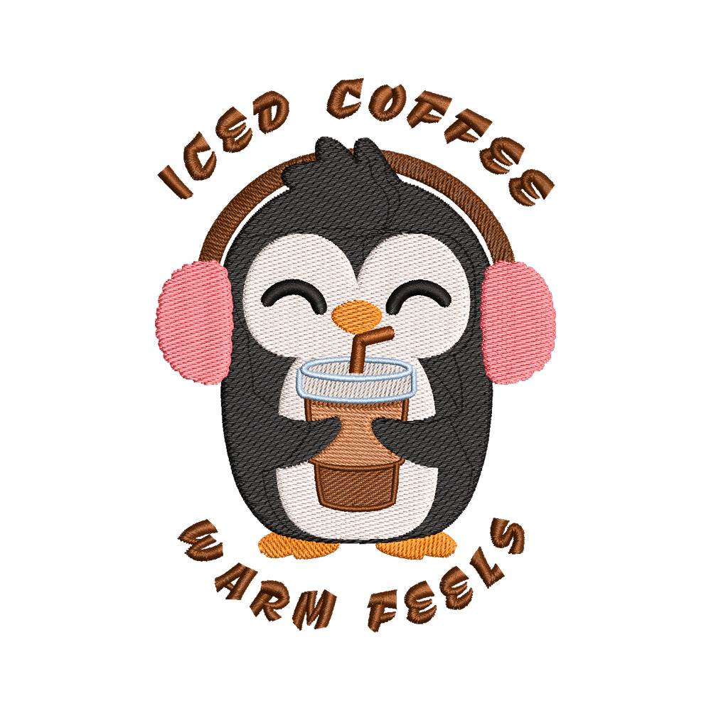 'Iced Coffee Warm Feels' Penguin Embroidery Design - SG240307