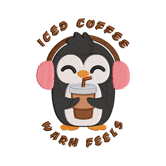 'Iced Coffee Warm Feels' Penguin Embroidery Design - SG240307
