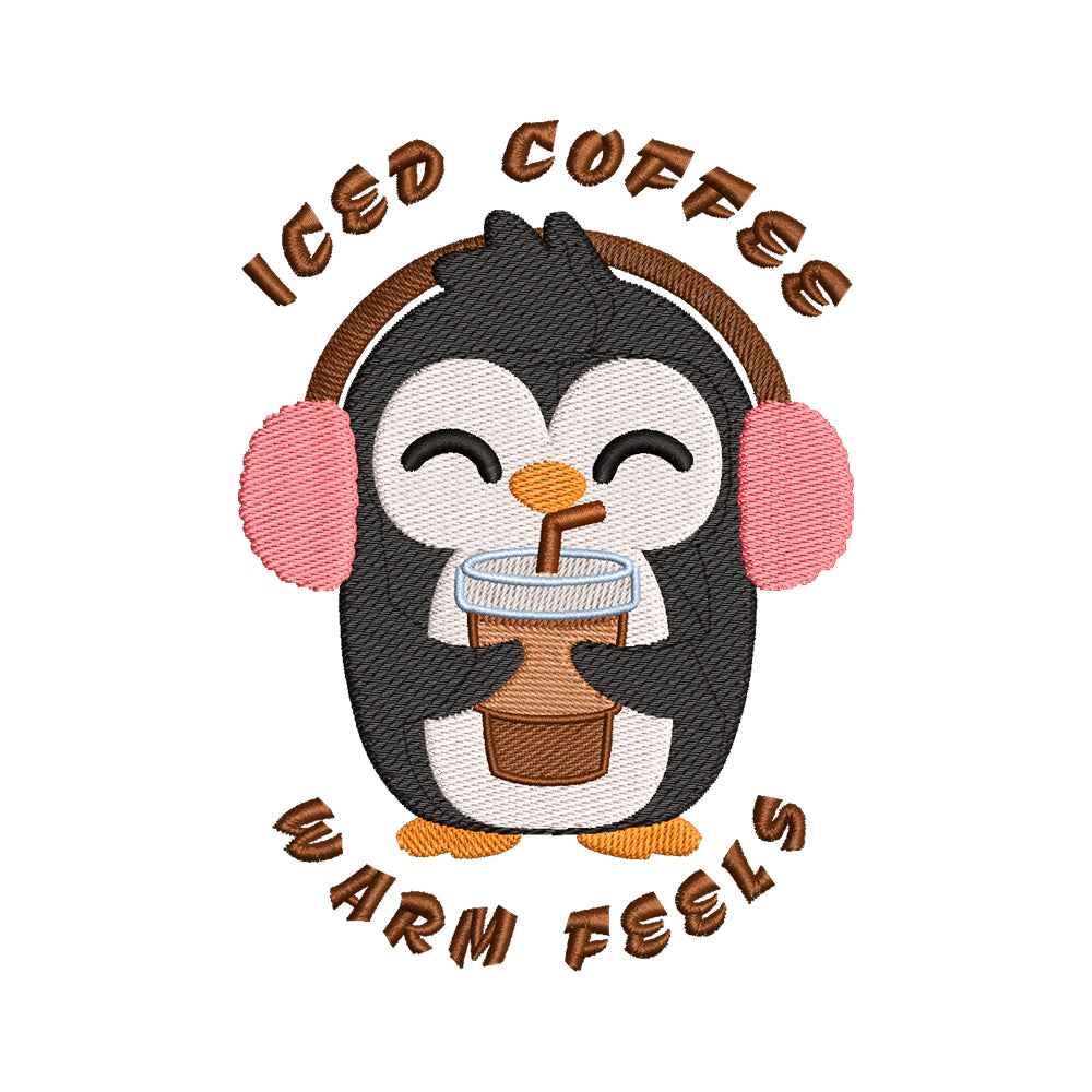 'Iced Coffee Warm Feels' Penguin Embroidery Design - SG240307