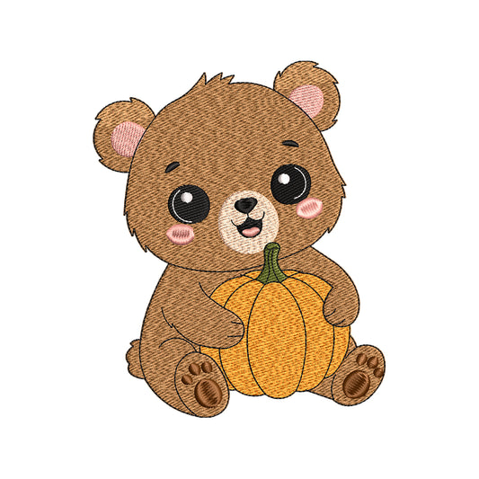 Cute Autumn Bear Embroidery Design | Teddy Bear Holding Pumpkin for Fall Decor, Baby Clothes & Seasonal Gifts - SG25092513